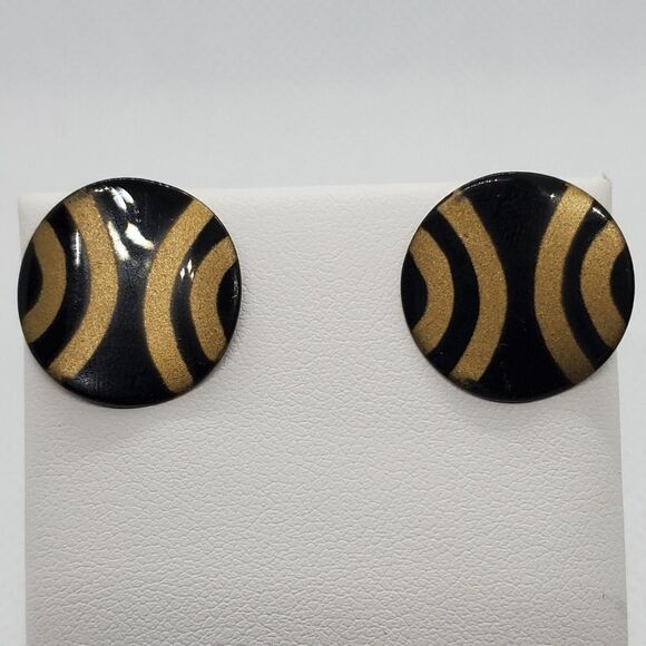 Vintage Retro Black & Gold Tone Earrings - Picture 1 of 3
